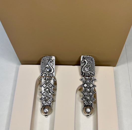 Antique Artistic Style Long Earrings With Oxidized Silver Polish-ER-12982-14