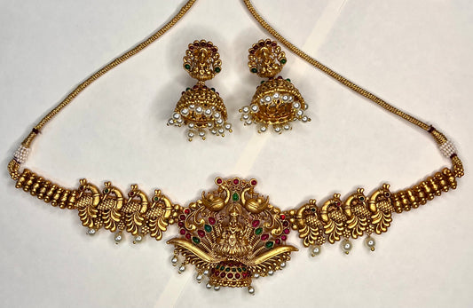 Antique Peacock Design Temple Jewelry Laxmi Pendant With Matte Gold Polish-NS-8293-187